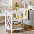 SEJOV Side Table for Living Room, White End Table with 3-Tier Storage Shelves X-Design Night Stand for Small Spaces Farmhouse Wooden Nightstand for Bedroom Bed Side Office