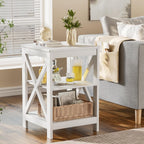 SEJOV Side Table for Living Room, White End Table with 3-Tier Storage Shelves X-Design Night Stand for Small Spaces Farmhouse Wooden Nightstand for Bedroom Bed Side Office