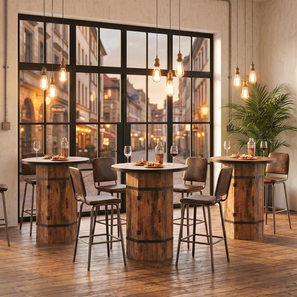 Round Bar Table with Hidden Storage, 39.4" H Bar Height Pub Table with Sturdy Barrel-Inspired Base, Rustic Industrial Bistro Cocktail Table for Pub, Kitchen, Home Bar, Apartment (Table Only)
