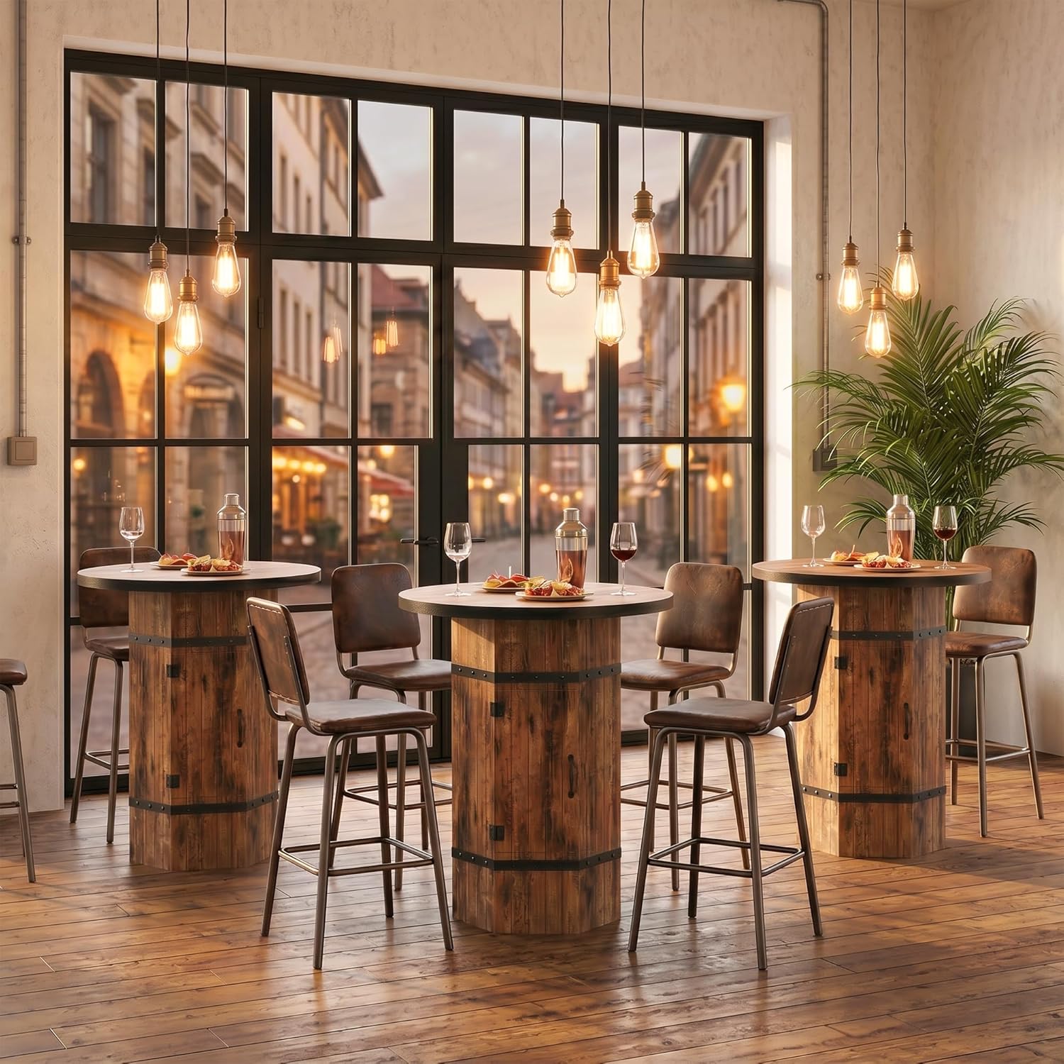 Round Bar Table with Hidden Storage, 39.4" H Bar Height Pub Table with Sturdy Barrel-Inspired Base, Rustic Industrial Bistro Cocktail Table for Pub, Kitchen, Home Bar, Apartment (Table Only)