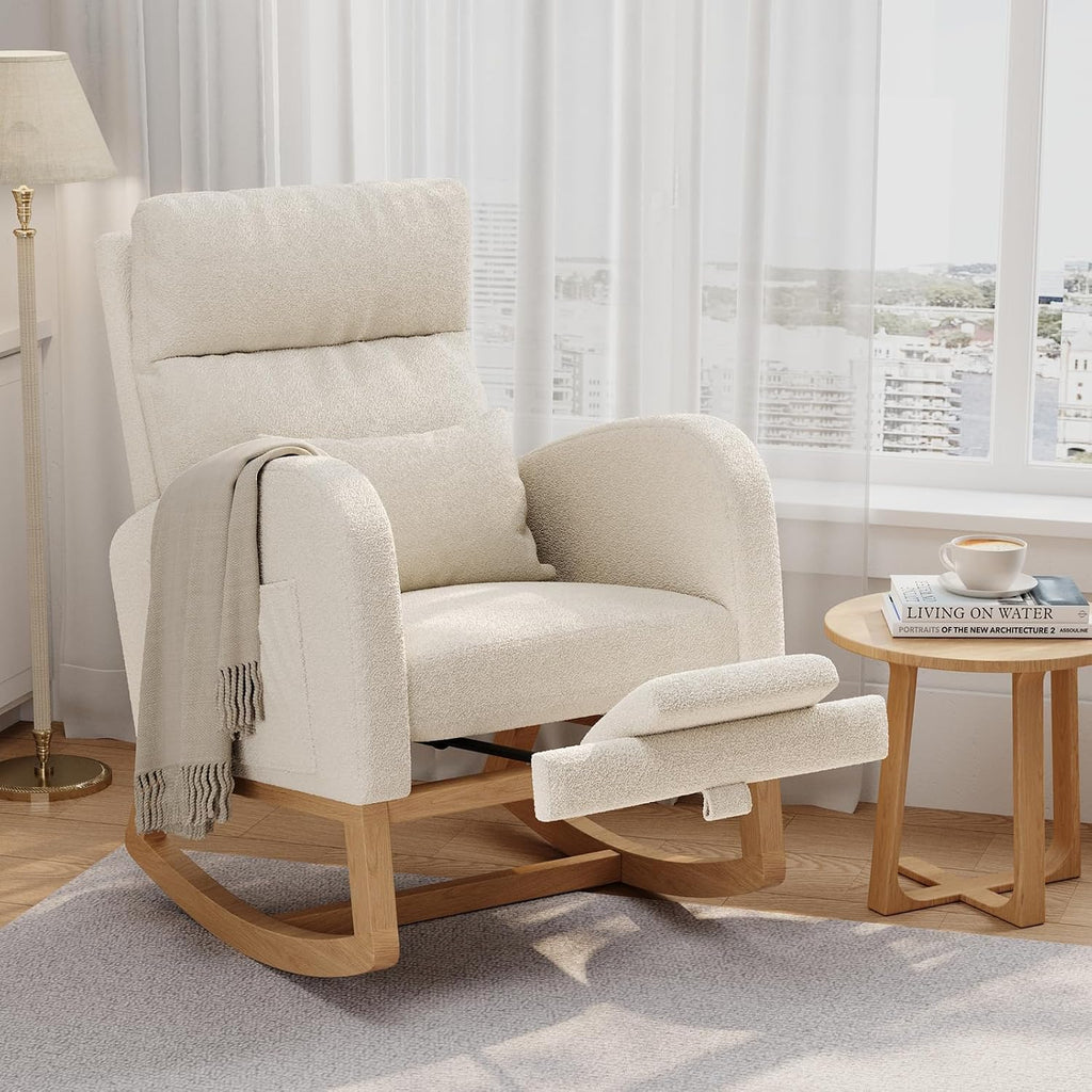 GarveeHome Rocking Chair, Nursery Glider Chair with Footrest, White | Modern Teddy Fleece Rocking Chair with Side Pocket and Pillow, Rocker Chair for Living Room Bedroom Nursing Room