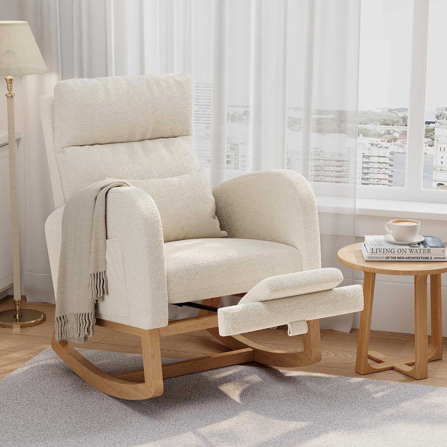 GarveeHome Rocking Chair, Nursery Glider Chair with Footrest, White | Modern Teddy Fleece Rocking Chair with Side Pocket and Pillow, Rocker Chair for Living Room Bedroom Nursing Room