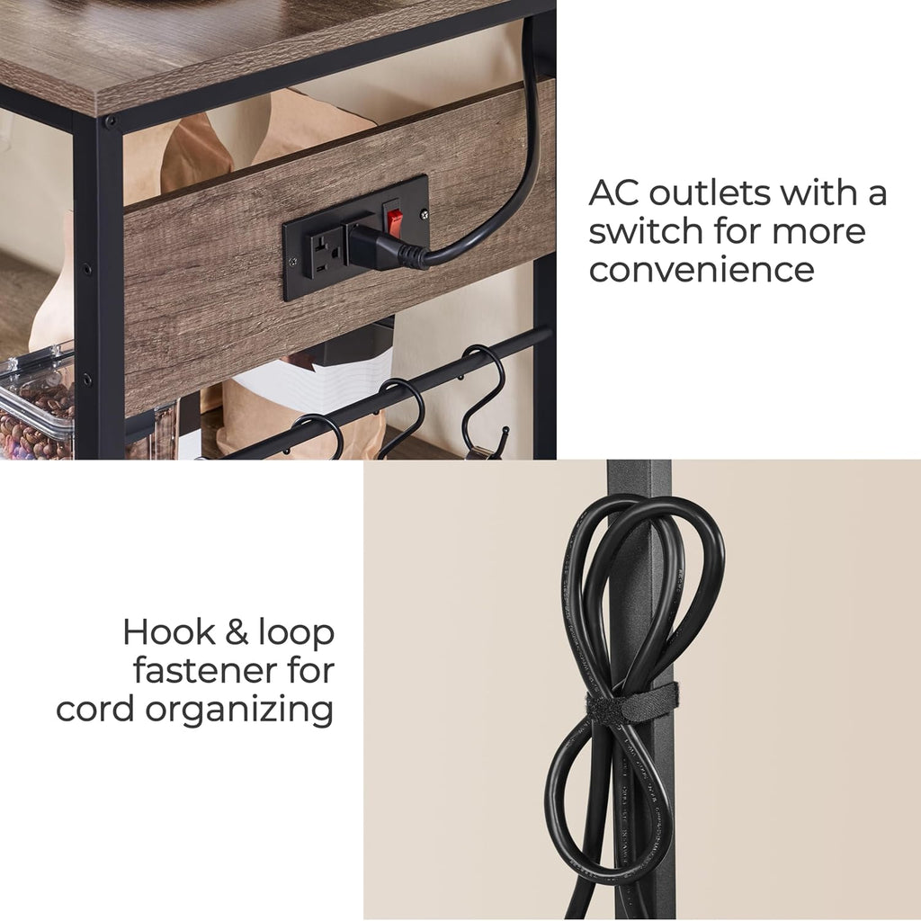 Yaheetech Kitchen Island Cart with Power Outlet, Kitchen Carts on Wheels with Storage, 3-Tier Microwave Stand with Foodpads, Glass and Mug Holders, 8 Hooks, Taupe Wood
