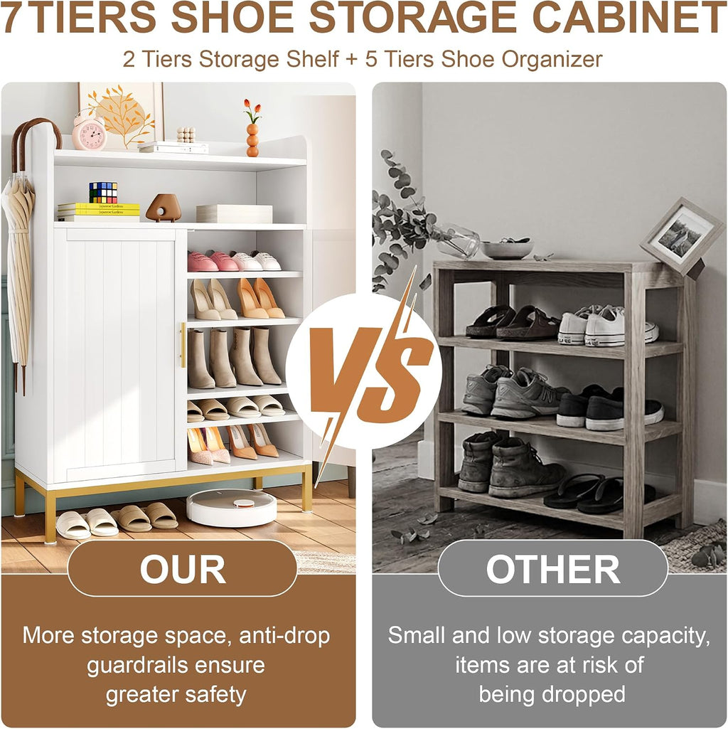 DreamDashio Shoe Cabinet with Adjustable Shelves & Doors, 7-Tier Farmhouse Shoe Storage Cabinet with Golden Metal Legs, 47.2'' Tall Shoes Rack Organizer Cabinet with Open Storage for Entryway, Hallway