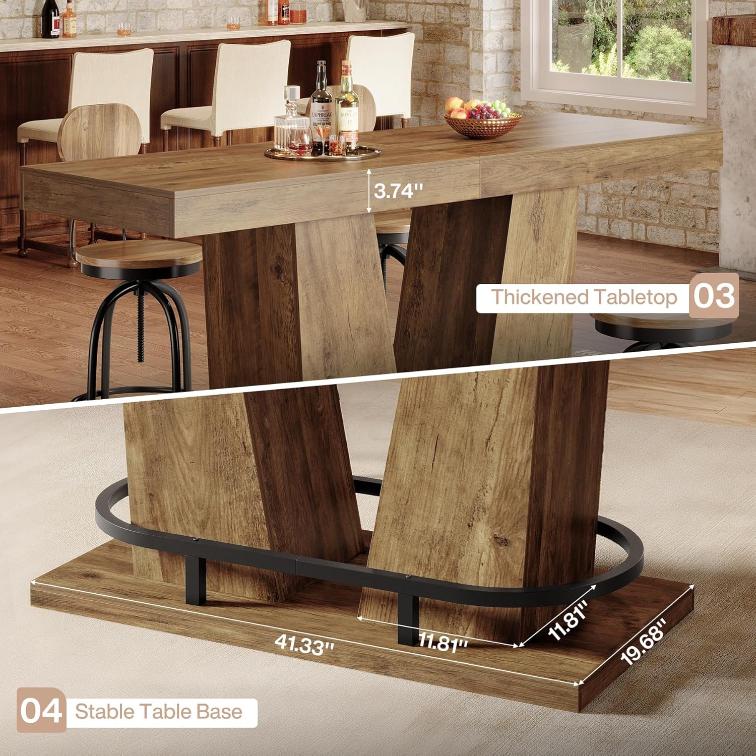 Tribesigns 62.99" Industrial Bar Table for 4-6, Rectangle Counter Height Pub Table with Metal Footrest, Home Bar Units for Pub, Bistro, Kitchen, Balcony, Dining Room, Living Room (Rustic Brown)
