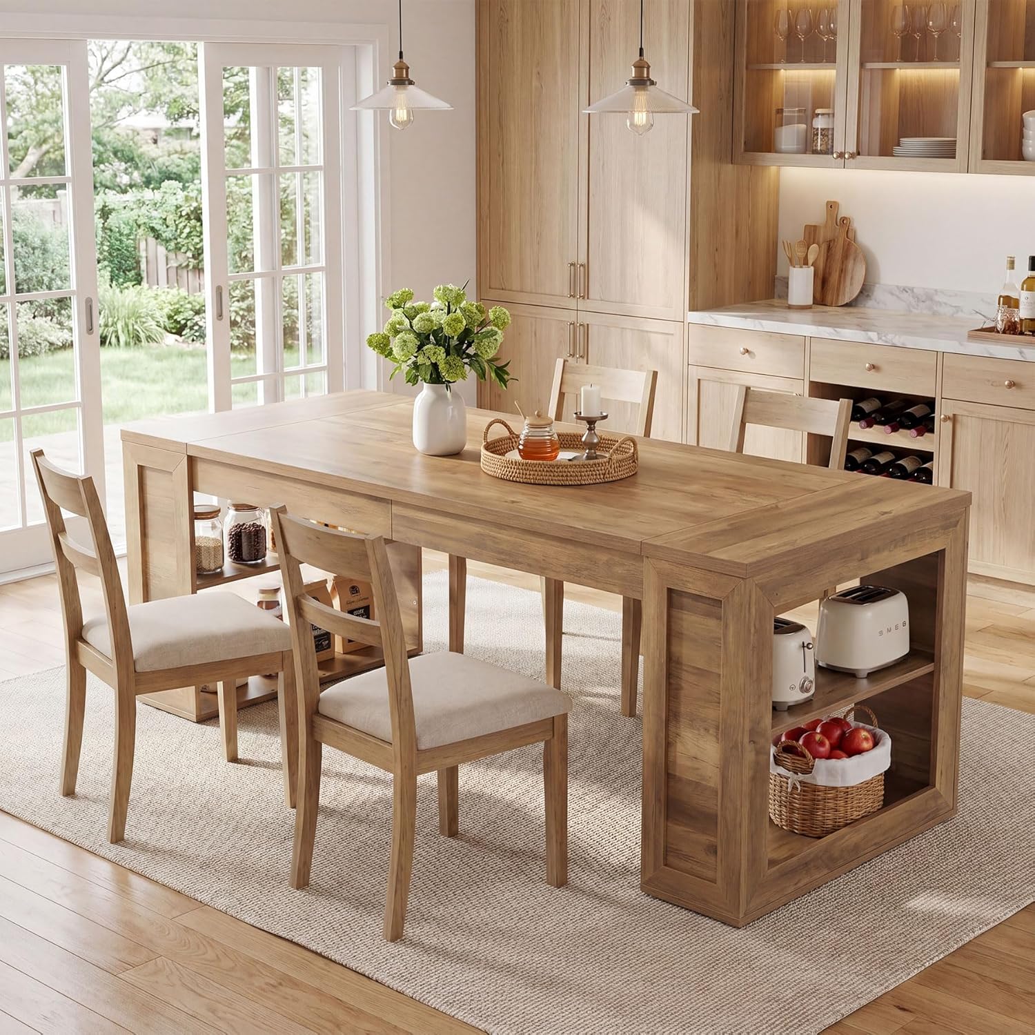 Tribesigns Farmhouse Dining Table with Storage Shelves, 70.8-Inch Large Rectangle Wooden Kitchen Dinner Table for 6 for Kitchen, Dining Room, Living Room