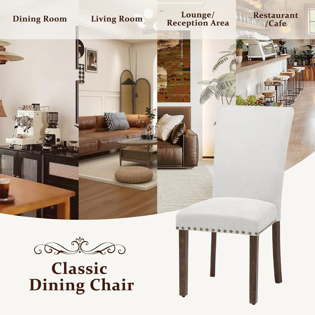 Furniliving Upholstered Dining Chairs Set of 2 - Line Fabric Modern Farmhouse Kitchen Chairs, High-Back Dining Room Chairs with Wooden Legs for Kitchen Dining Room Living Room, Beige
