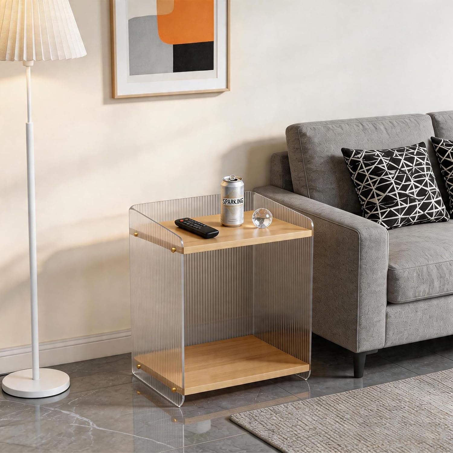 Acrylic and Wood End Table with 2-Tier Storage, Side Table for Couch Dinner Coffee Drink Table TV Snack Tray Modern Minimalist Nightstand for Living Room, 18.9 Inch, Clear (Wood)