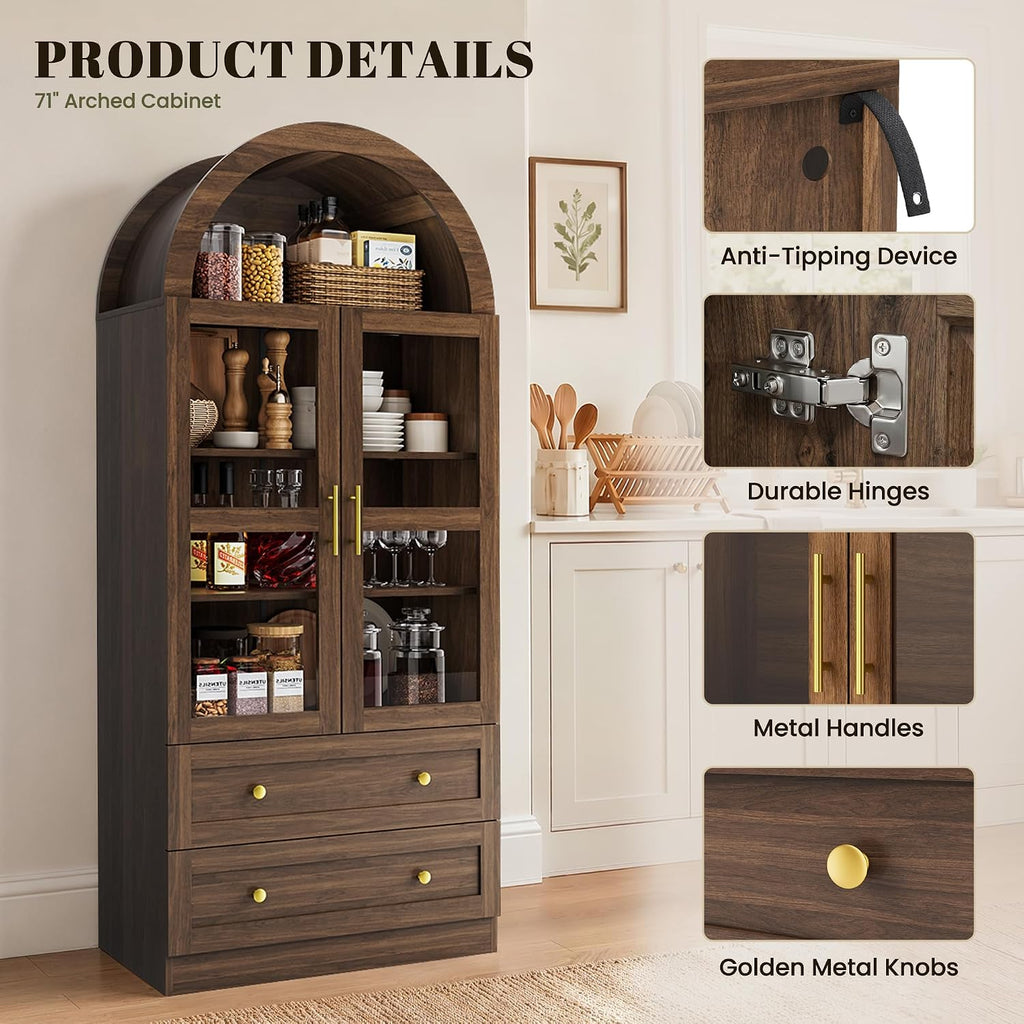 71" Tall Arched Kitchen Pantry Cabinet, Modern Farmhouse Kitchens Storage Cabinet with 2 Large Drawers & Glass Doors, Freestanding Versatile Cupboard for Living Room, Dining Room, Brown