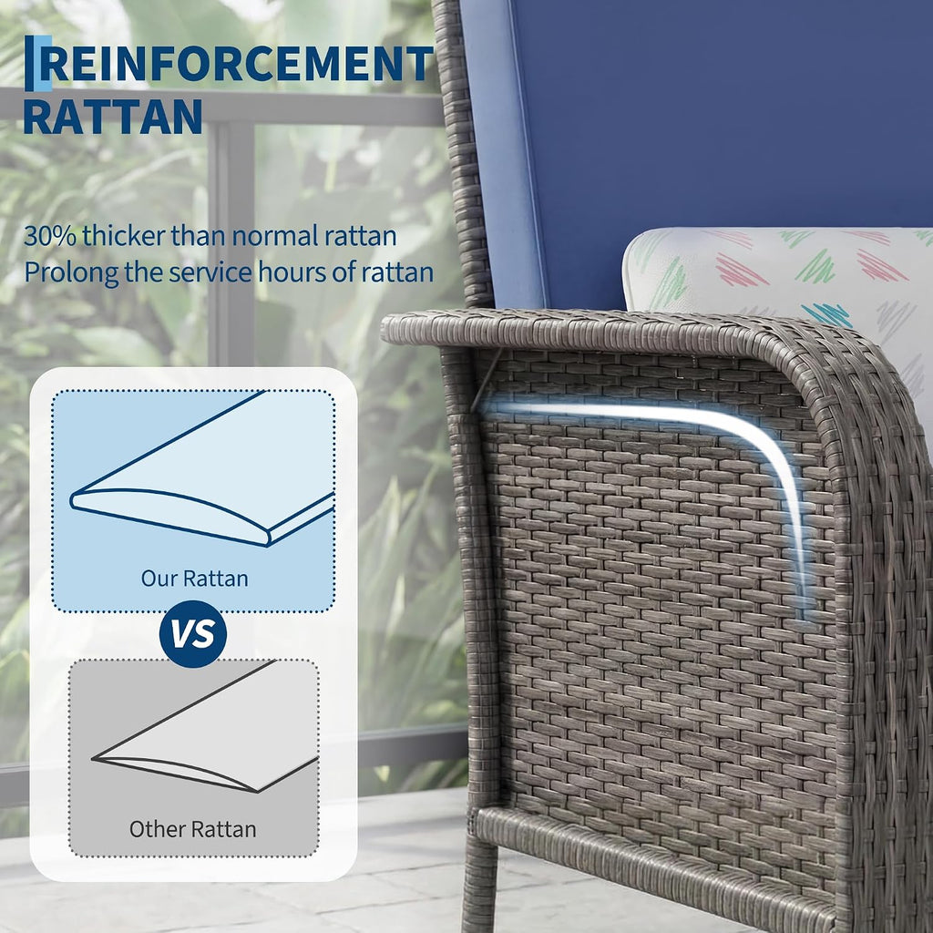 Garvee 2 Pieces Patio Furniture Set, Outdoor Wicker Chairs of 2,All Weather High Back Rattan Chairs 2-Seater with Comfy Cushions for Porch Deck,Gray & Blue