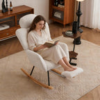 Modern Teddy Fabric Leisure Rocking Chair with Pillow Adjustable Footstool, High Backrest, Storage Pocket On The Right Side, Nursery Rocking Chair for Living Room, Bedroom, Nursing Room, Lvory