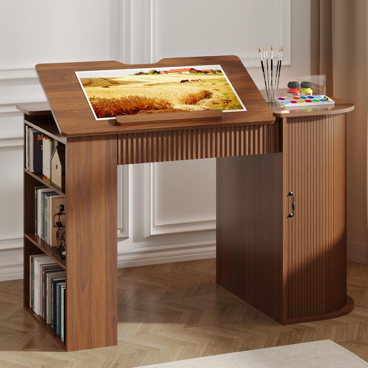 Drafting Table with Storage Cabinet & Drawers, Crafting Table with Open Shelves, Fluted Drawing Desk Computer Desk for Artists, Painters, Drawing, Crafting, Reading, Writing, Working