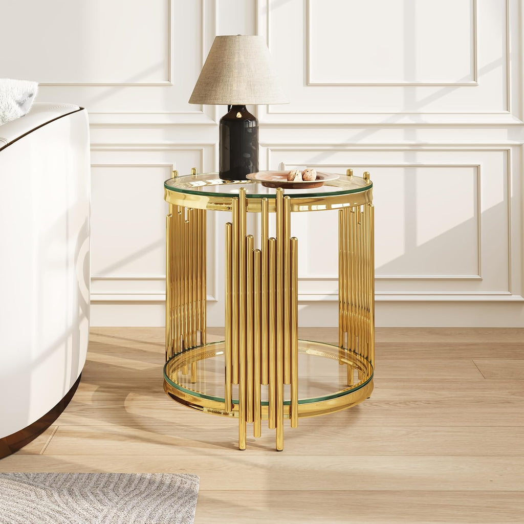 2 Tier Round Side Table with Tempered Glass Top, Modern End Table with Stainless Steel Legs for Living Room Home Office,Gold+Clear