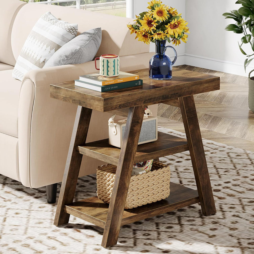 Tribesigns Farmhouse End Table, 3-Tier Wooden Sofa Side Table with Trapezoid Legs, Rustic Side Table for Couch, Vintage Bedside Nightstand for Bedroom, Living Room, Small Spaces, Rustic Brown