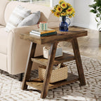 Tribesigns Farmhouse End Table, 3-Tier Wooden Sofa Side Table with Trapezoid Legs, Rustic Side Table for Couch, Vintage Bedside Nightstand for Bedroom, Living Room, Small Spaces, Rustic Brown
