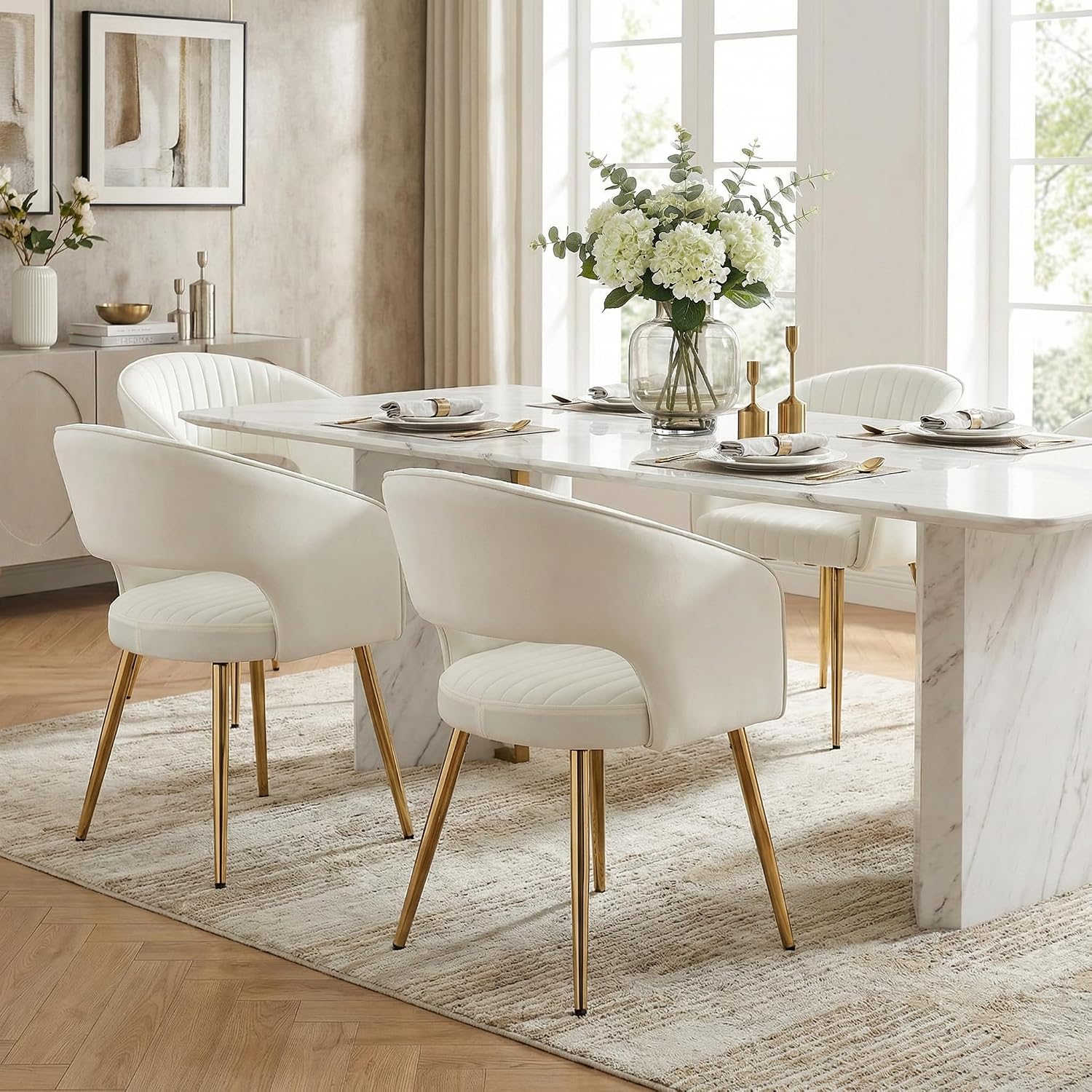Velvet Dining Chairs Set of 4, Upholstered Dining Room Chairs with Gold Metal Legs, Modern Accent Kitchen Chairs with Curved Backrest for Living Room, Beige