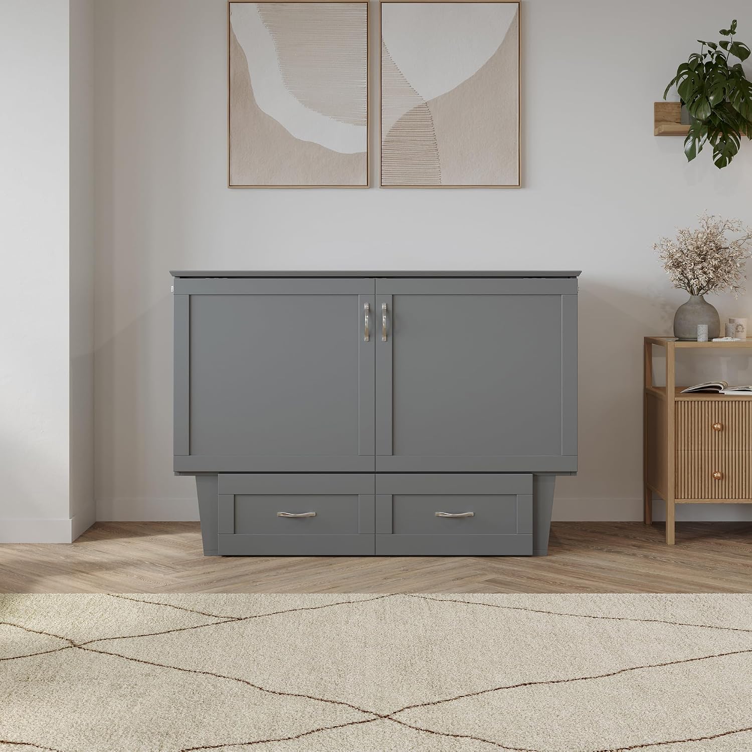 AFI, Monroe Full Murphy Bed Chest with 6" Mattress, Storage Drawer & Built-in USB Charger, Grey