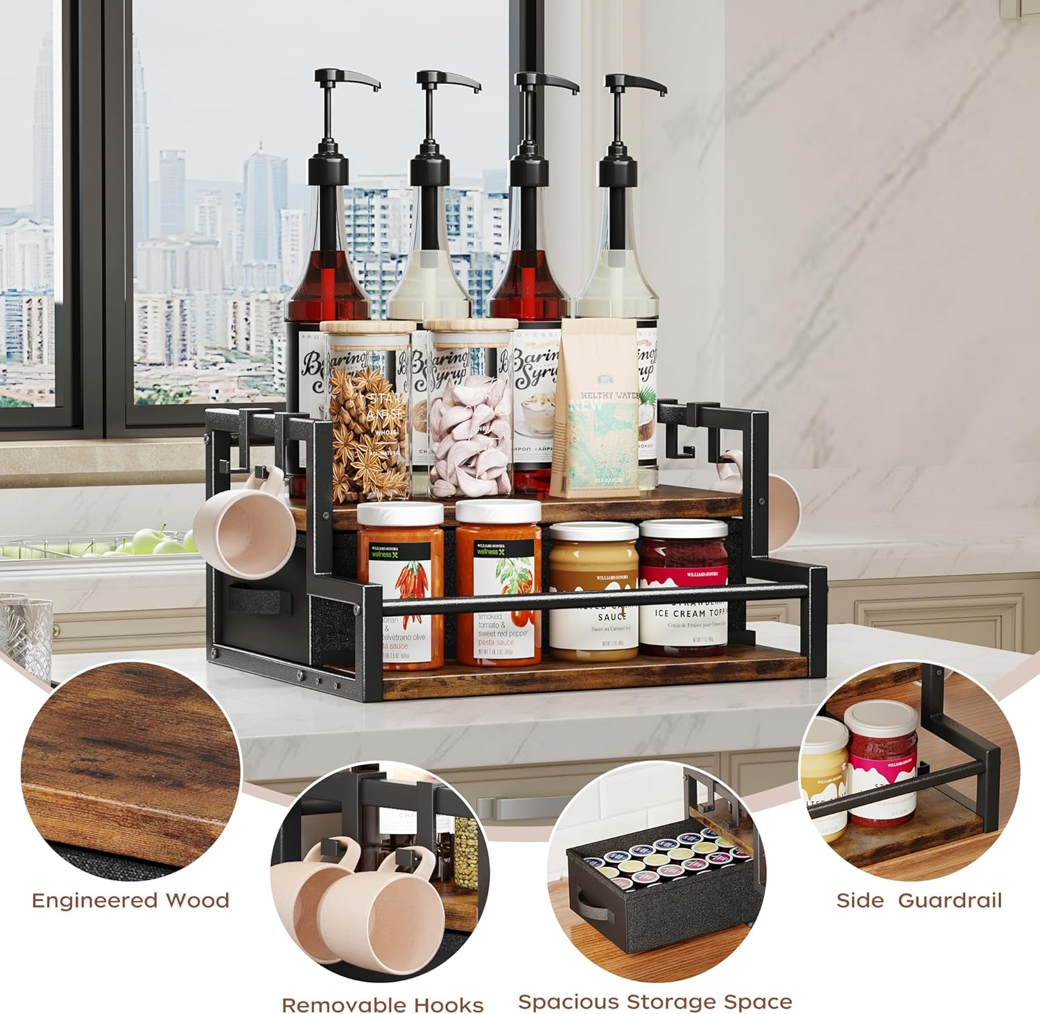 Homeiju Coffee Syrup Organizer Rack, 2-Tier Coffee Bar Accessories, Bottle Holder Stand with K Cup Storage Drawer for Coffee bar, Wine Rack, Storage Shelves for Syrup. (Rustic Brown)