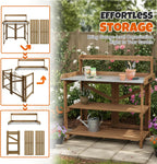 Outdoor Potting Bench Table, Indoor Wooden Work Station with Metal Table Top, Metal Hooks, Large Shelves, Heavy-Duty Gardening Workbench for Garden, Backyard, Patio, BBQ Prep Station, Easy Assembly
