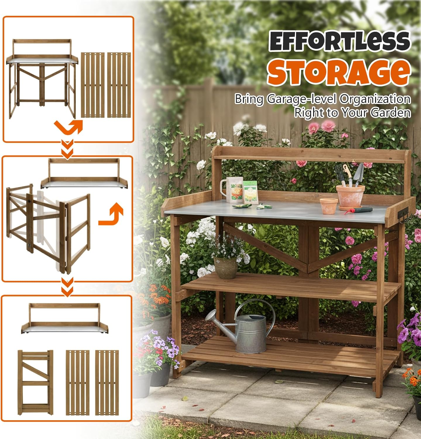 Outdoor Potting Bench Table, Indoor Wooden Work Station with Metal Table Top, Metal Hooks, Large Shelves, Heavy-Duty Gardening Workbench for Garden, Backyard, Patio, BBQ Prep Station, Easy Assembly