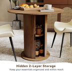 31.5 Inch Round Dining Table with Hidden Storage, Modern Fluted Pedestal Kitchen Table for Small Spaces, Circular Breakfast Nook Table with 2-Layer Shelves for Apartment Studio, Brown