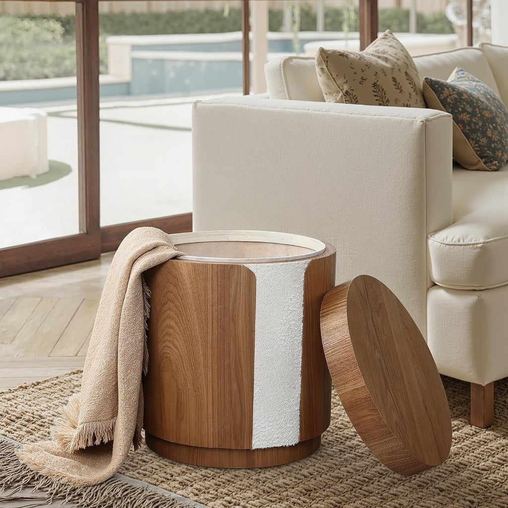 LuxenHome Modern End Table with Storage, 18.5” Wood Round Side Table with Ash Veneer, Nightstand Bedside Tables for Bedroom, Sofa Accent Tables for Living Room, Entryway, Office, Couch