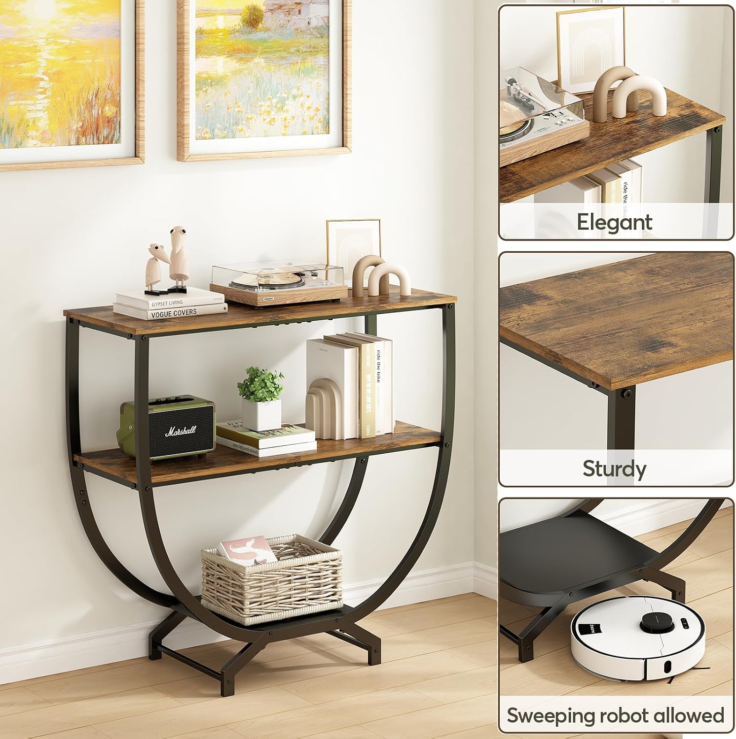 GILLAS 3 Tier Console Tables, 30" Height Entryway Table, Sofa Table Behind Couch, Industrial Entryway Furniture TV Stand with Storage for Living Room, Easy No-Extra-Tools Assembly, Rustic Brown