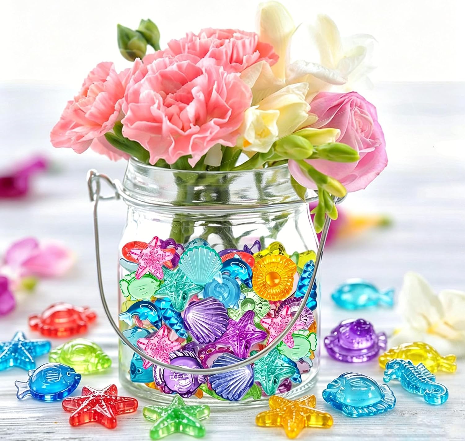 450 PCS Seashells Sensory Bin Filler, Mini Resin Ocean Seashell Animal Figures Diving Gems Vase Fillers for Fish Aquarium Fairy Garden Table Decorations