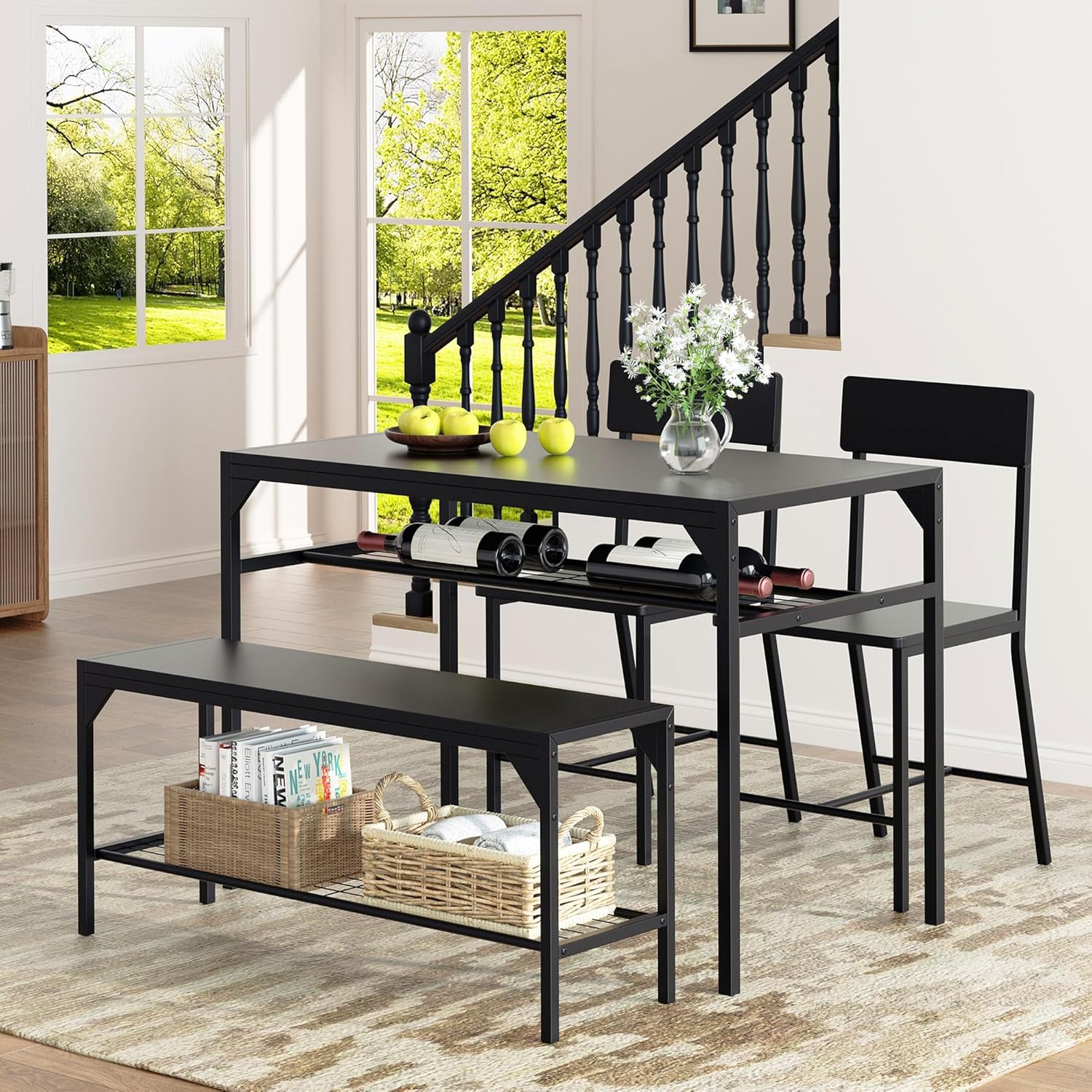 Shintenchi Kitchen Table Chairs Set of 4, Dining Table Set for 4 with Bench and Chairs, 4 Pieces Kitchen Table Set with Storage Rack & Metal Frame for Small Space, Solid Black