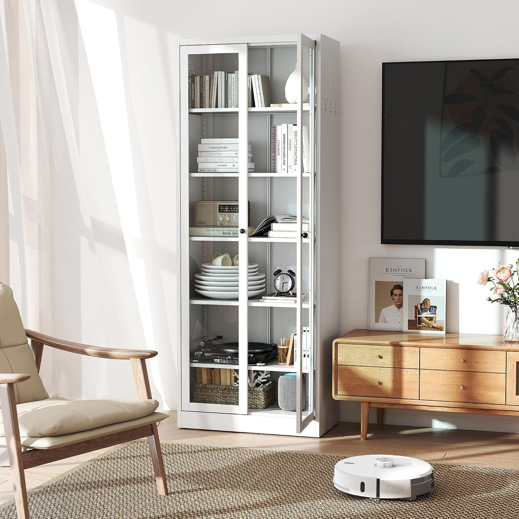 Metal Pantry Cabinet, 72" Tall Kitchen Pantry Cabinet with 2 Doors & 5 Adjustable Shelves, White Free Standing Cabinets for Living Room, Dining Room, Home Office, Basement