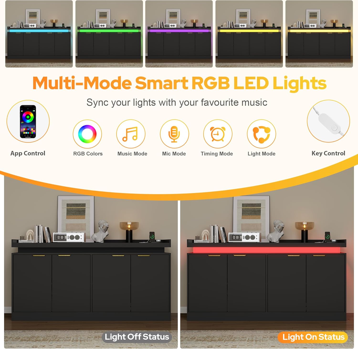 UNIQUITE 63" Sideboard Buffet Cabinet, Kitchen Buffet Cabinet Storage Cabinets with Power Outlets & LED Light, Modern Sideboard Coffee Bar Buffet Cabinets for Kitchen, Dinning, Living Room