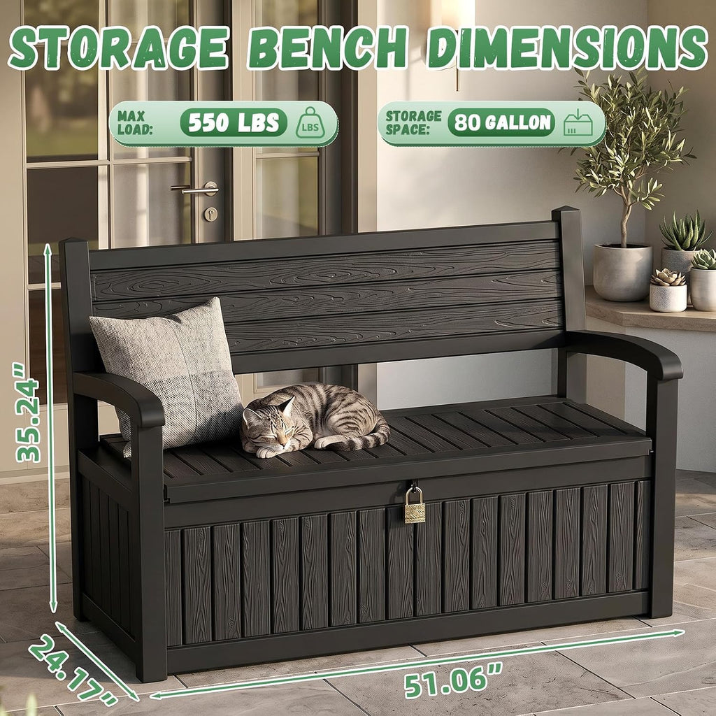 80Gal Resin Outdoor Deck Storage Bench, Lockable Waterproof UV Protected Patio Box, Weatherproof Porch Pool Garden Furniture for Yard Tools & Seat Cushions, Black