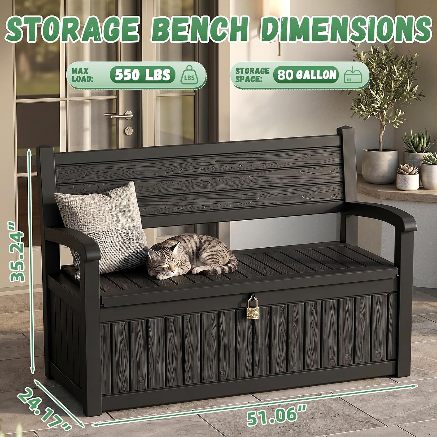 80Gal Resin Outdoor Deck Storage Bench, Lockable Waterproof UV Protected Patio Box, Weatherproof Porch Pool Garden Furniture for Yard Tools & Seat Cushions, Black