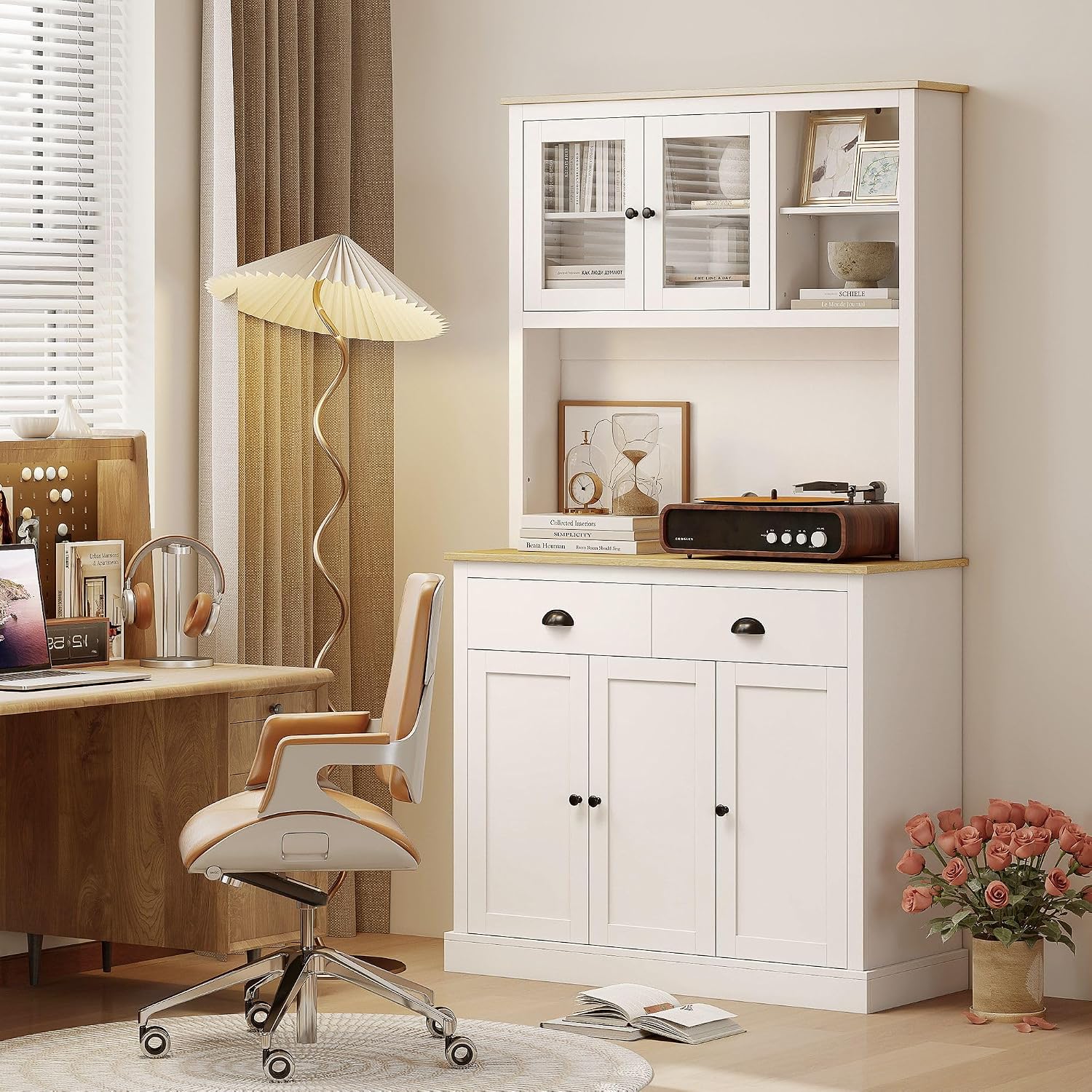 71inch Freestanding Pantry Cabinet — 39.25in Wide, White Finish with Yellow Oak Countertop, 4 Adjustable Shelves, 176lb Max Capacity