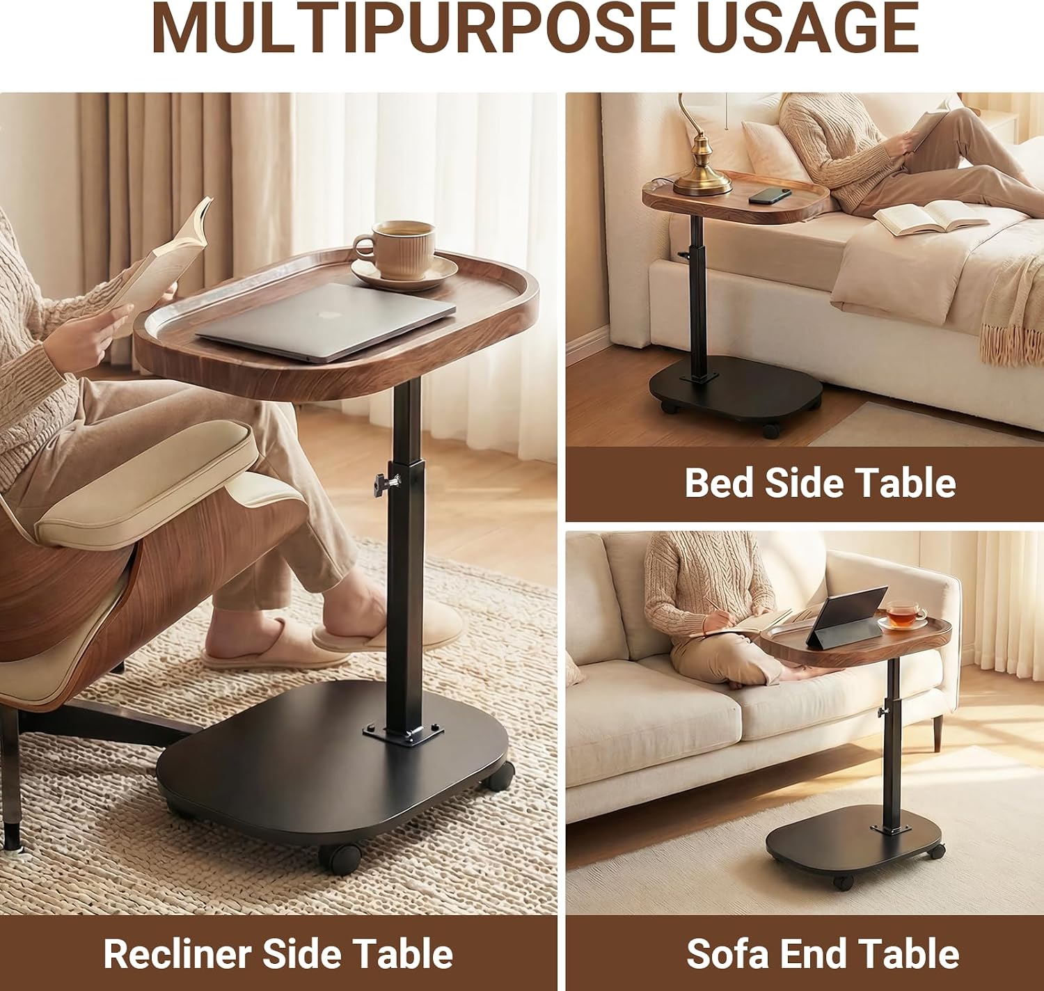 Adjustable Height TV Tray Table for Snack, Eating, Dinner or Laptop, 360°Rolling C Shaped End Table for Couch, Sofa, Chair, Bed, Perfect for Small Places, Livingroom, Bedroom