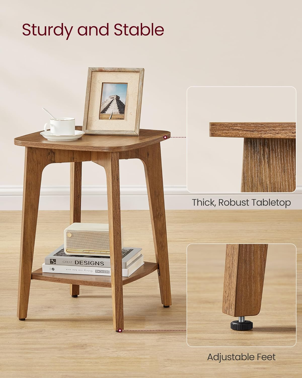 VASAGLE MAEZO Collection - Side Tables, Set of 2, 2-Tier Small Square End Tables, Nightstands with Tapered Legs, Curved Transitions, for Small Spaces, Living Room, Bedroom, Honey Brown ULET238KB01S