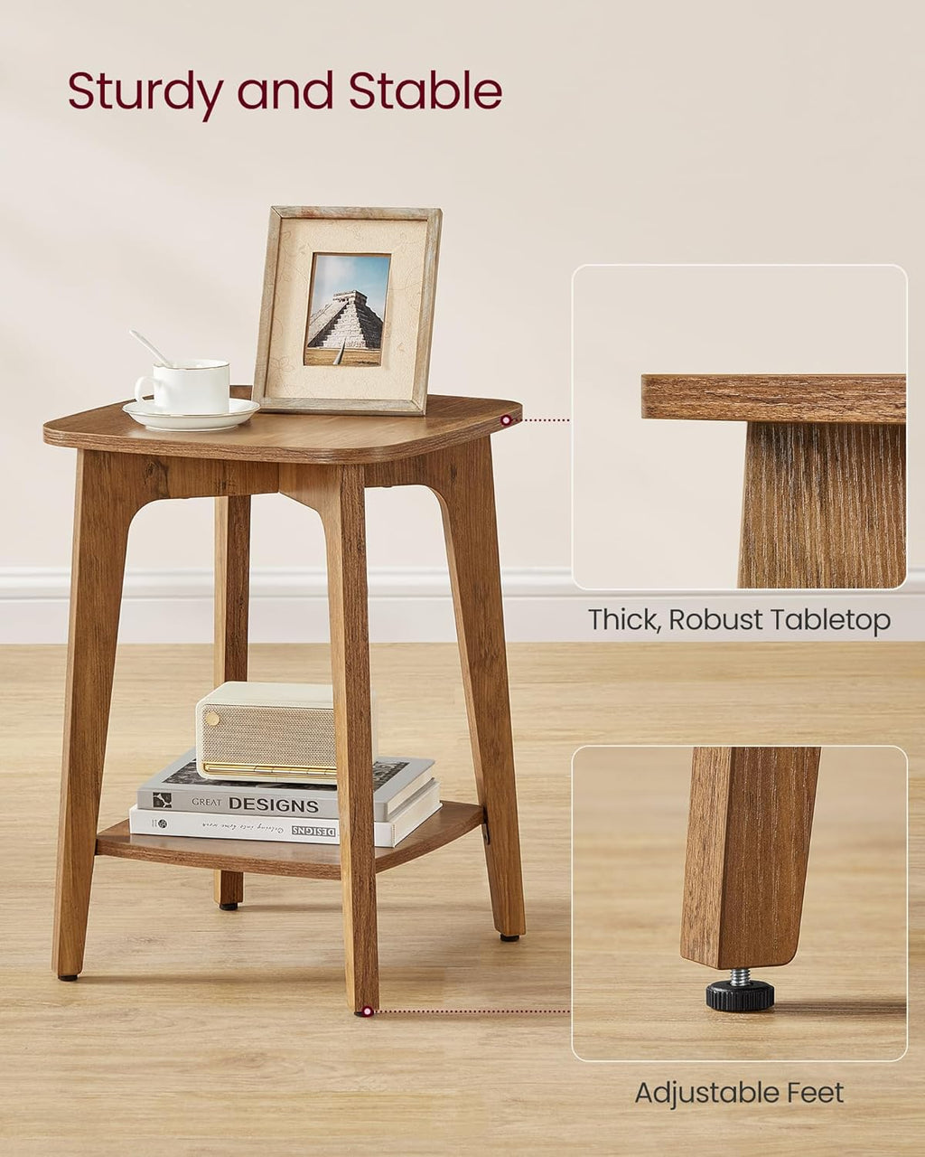 VASAGLE MAEZO Collection - Side Tables, Set of 2, 2-Tier Small Square End Tables, Nightstands with Tapered Legs, Curved Transitions, for Small Spaces, Living Room, Bedroom, Honey Brown ULET238KB01S