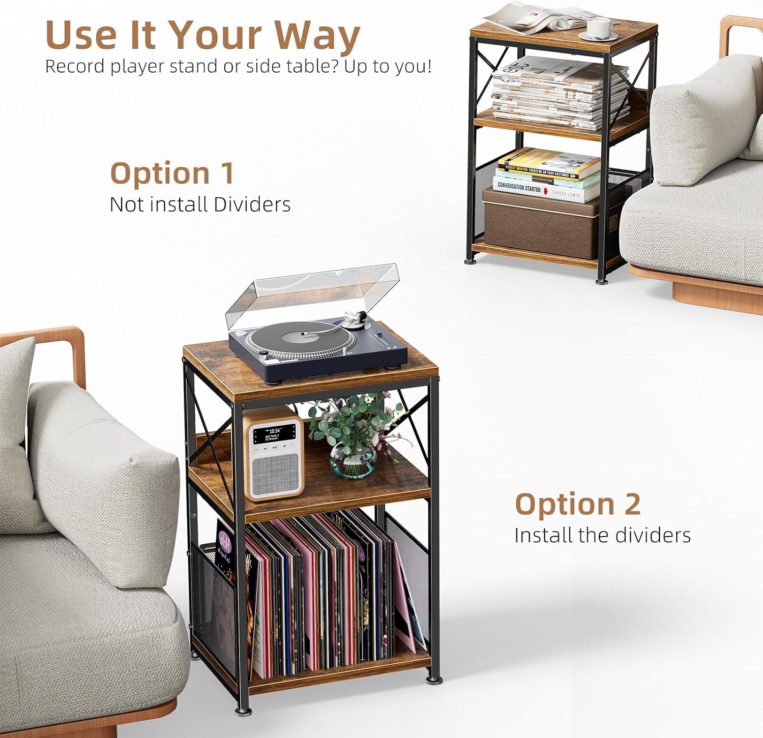 Simple Trending Record Player Stand, Turntable Stand with Vinyl Storage Holds Up to 200 Albums, Record End Table for Living Room, Rustic Brown