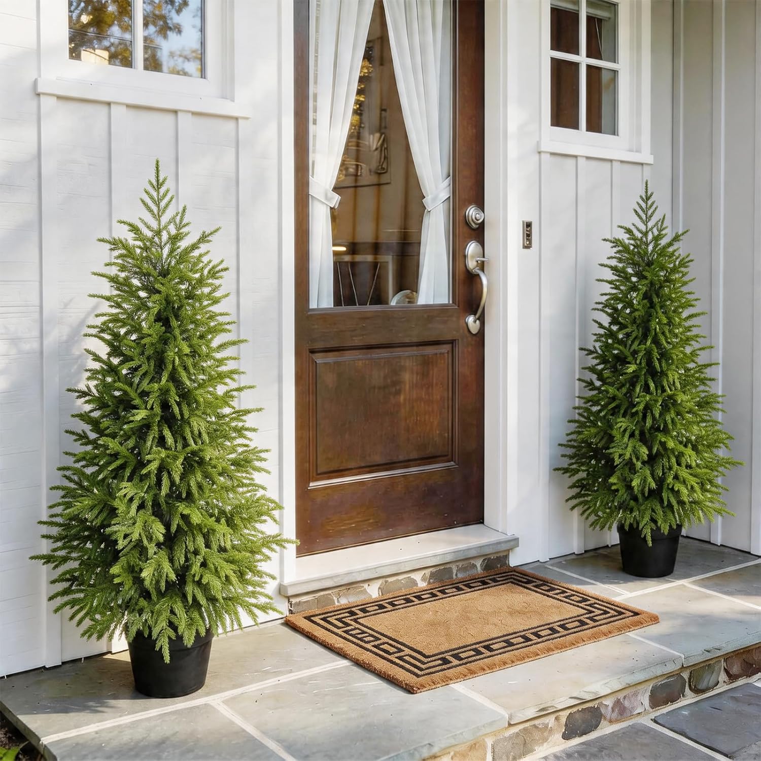3FT Potted Outdoor Topiary Set of 2, UV Resistant Artificial Outdoor Plants with Cement-Filled Planter Base, Artificial Trees for Front Porch Outside Home Decor Indoor Tall Fake Plants Faux Tree