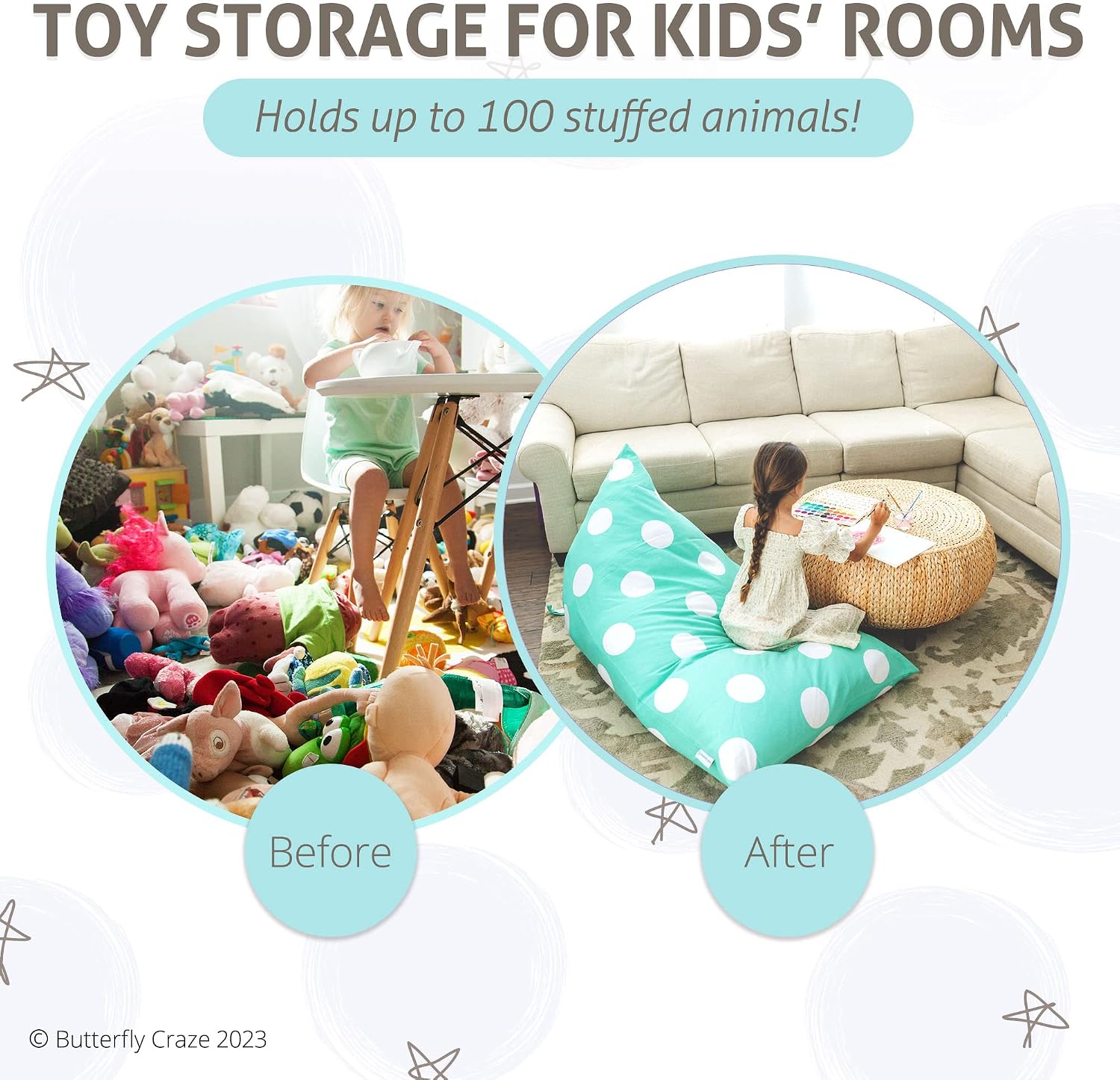 Butterfly Craze Kids Bean Bag Chair Cover - Zippered Plush Toy Organizer & Stuffed Animal Storage - Cozy Floor Lounger & Bean Bag Chairs for Kids - Aqua Polka Dots, 50 x 30 x 35 in
