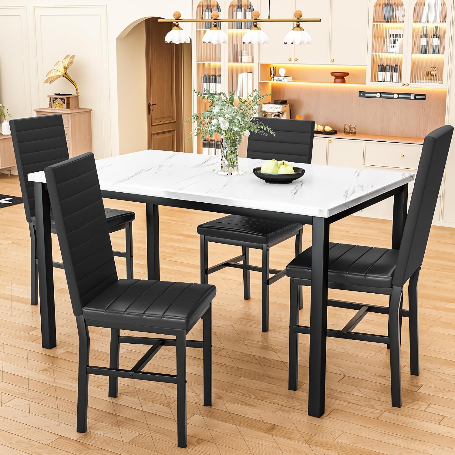 Hooseng Dining Table Set for 4, 5-Piece Faux Marble Dinner Table Set with 4 Upholstered PU Leather Chairs Kitchen Table Chairs Set Modern Space-Saving Dinette Set for Breakfast Nook Apartment Black