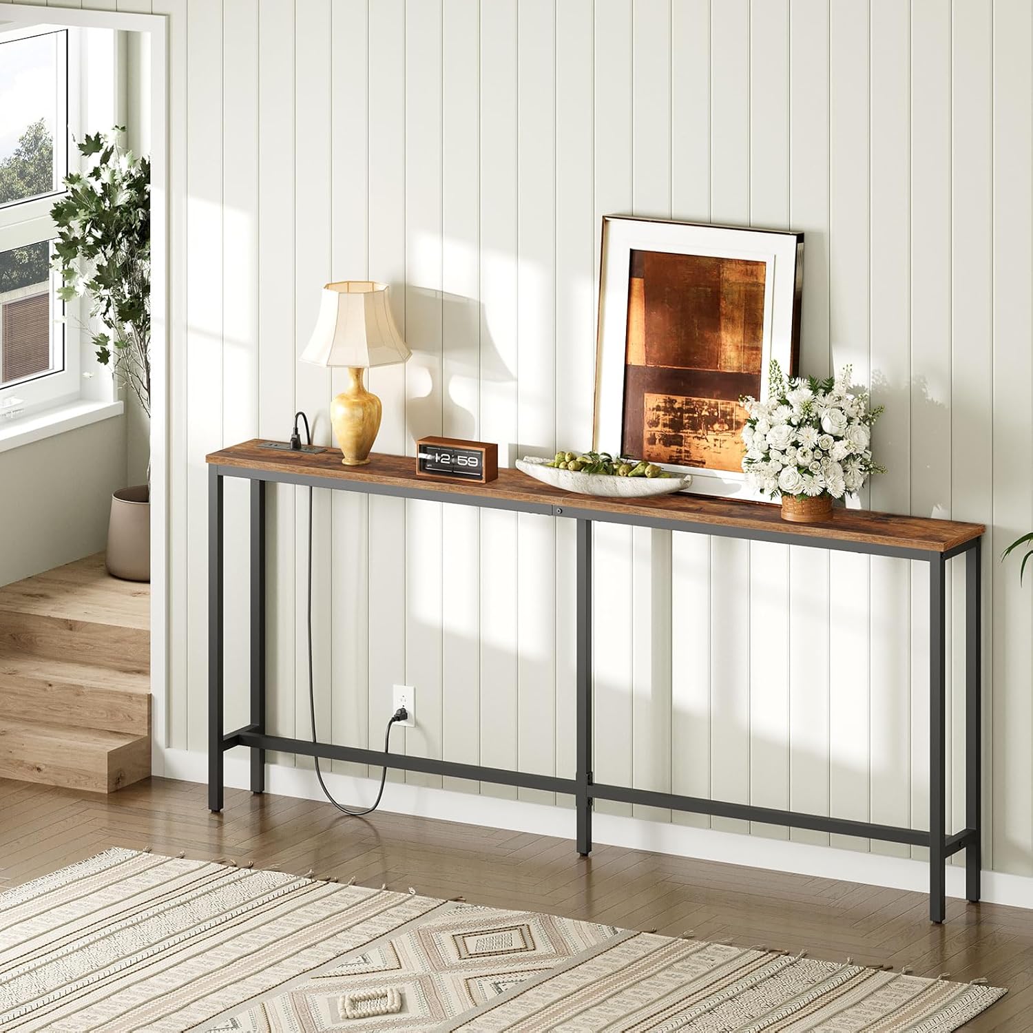 MAHANCRIS 70.9'' Console Table with Power Outlet, Narrow Sofa Table with Charging Station, Skinny Behind Couch Table for Entryway, Hallway, Foyer, Living Room, Rustic Brown CTHR18E01Z1