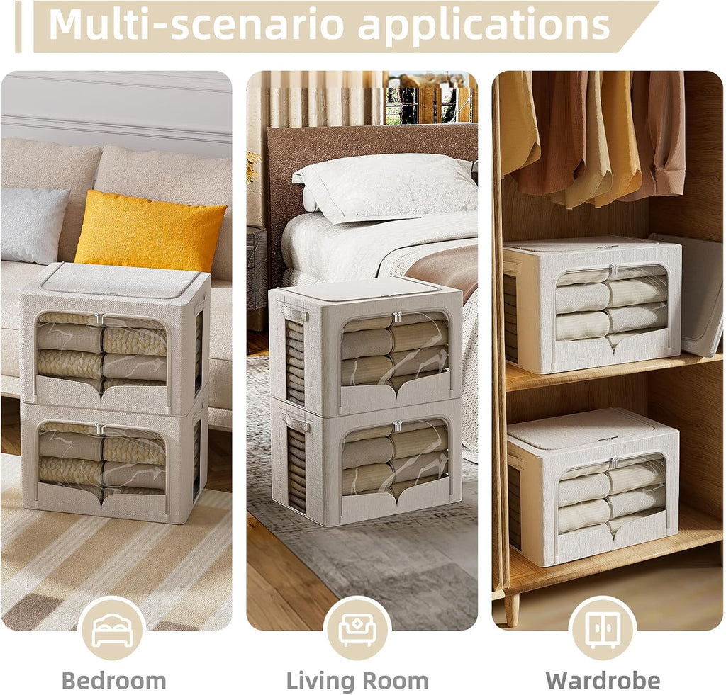 FHSQX 3 Pack Clothes Storage Bins - Foldable Metal Frame Storage Box - Stackable Linen Fabric Container Organizer Set with Carrying Handles and Clear Window (Cream White, 16.5x12.2x12.2inch(40L))
