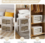 FHSQX 3 Pack Clothes Storage Bins - Foldable Metal Frame Storage Box - Stackable Linen Fabric Container Organizer Set with Carrying Handles and Clear Window (Cream White, 16.5x12.2x12.2inch(40L))