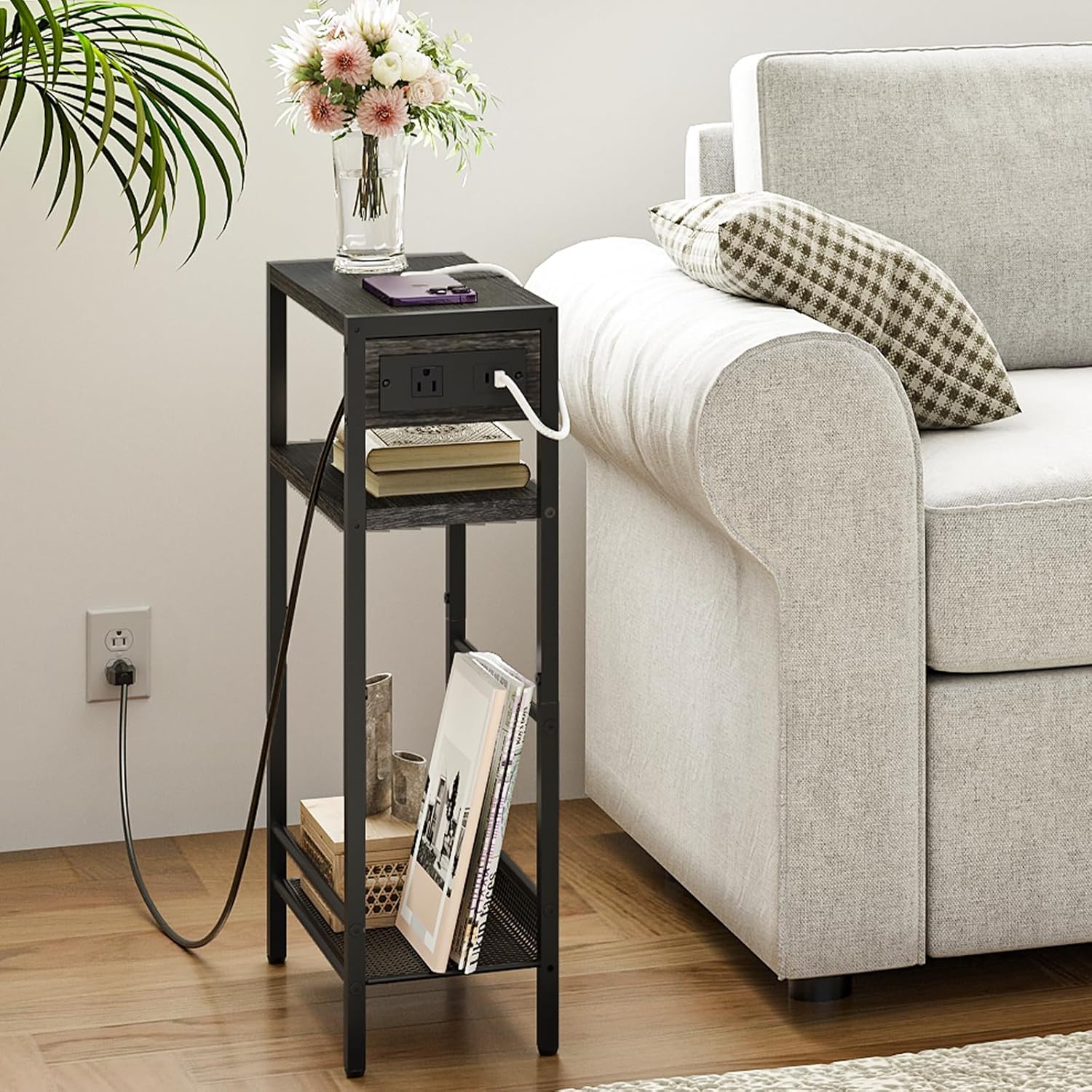 HOOBRO Small Narrow Side Table with Charging Station, Skinny End Table for Small Spaces, Slim Nightstand with USB Ports Outlet, Sofa Beside Table with Storage Shelf, Charcoal Black BC102UBZ01