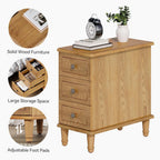 LITTLE TREE Fully Assembled End Table, Set of 2, Narrow Bedside Table with 3 Drawers, Vintage Nightstand for Small Spaces, Living Room, Bedroom, Natural Color