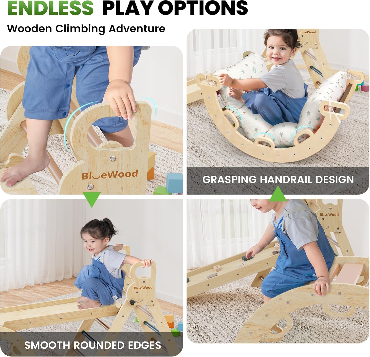 BlueWood Pikler Triangle Set Pink with Cushion and Wooden Busy Board
