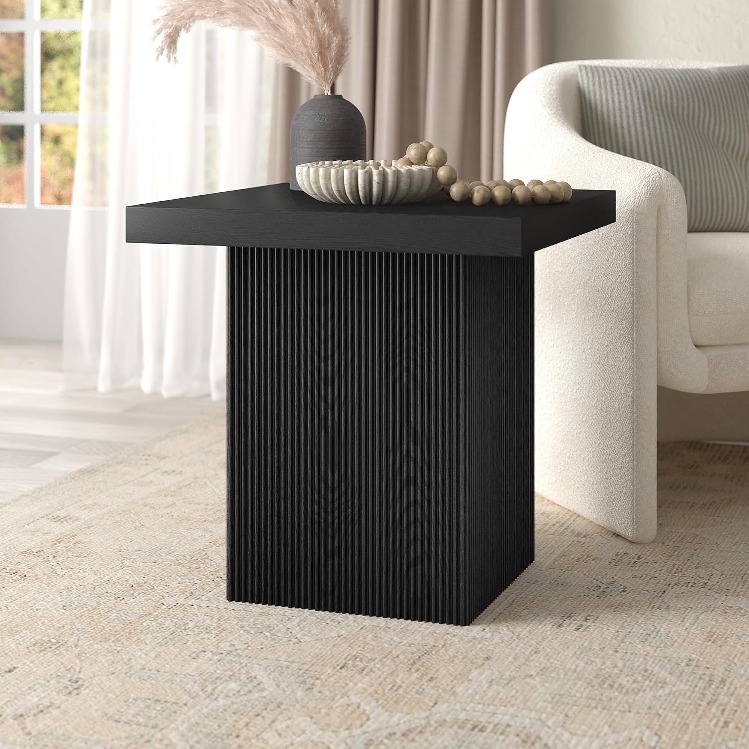 Henn&Hart 22" Fluted Modern Wooden Square End Table, Ribbed Side Table, Nightstand for Living Room, Office, Family Room, or Bedroom, Natural Black