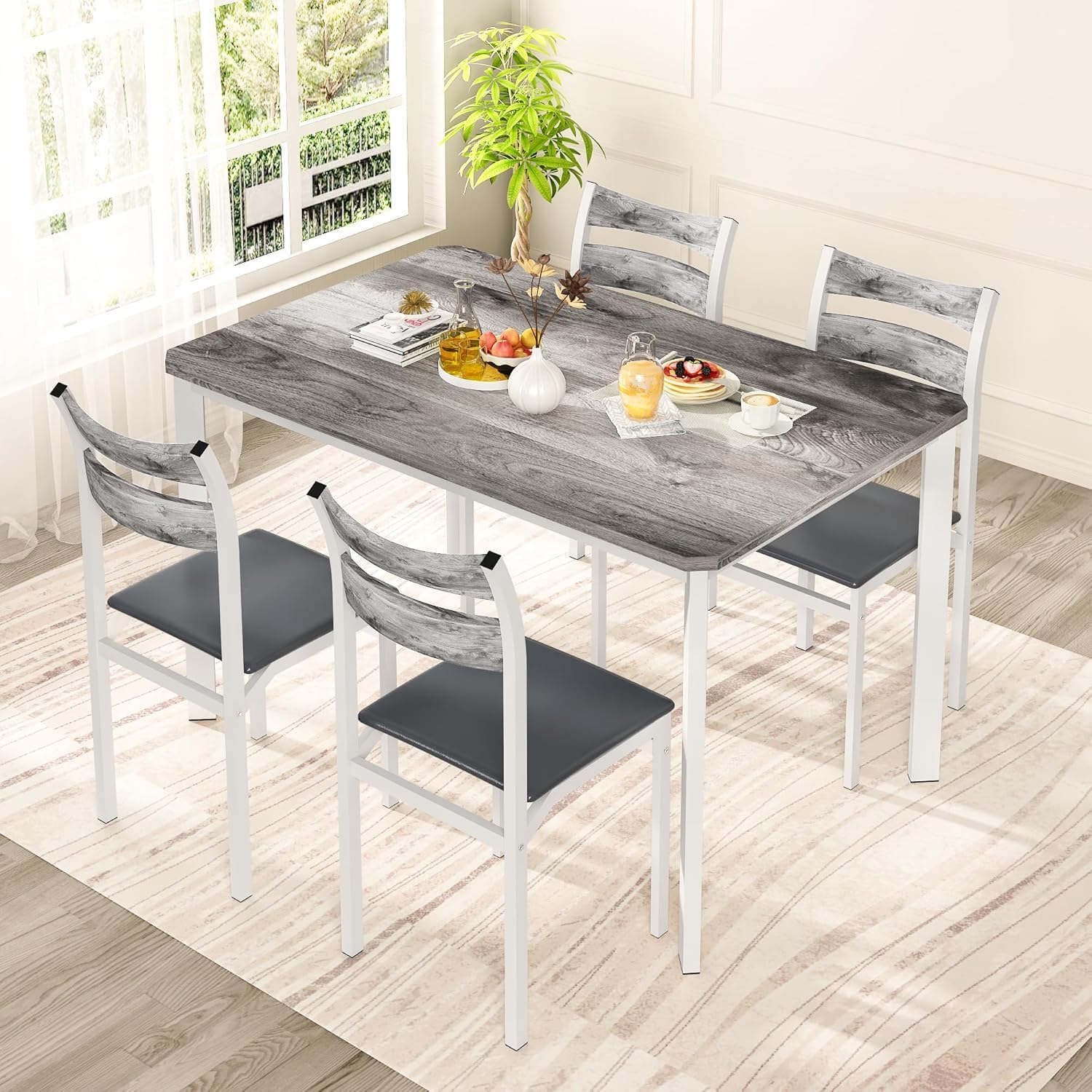 Recaceik Dining Table Set for 4, Wood Kitchen Table with Metal Frame & MDF Board, 5-Piece Kitchen Table Set for Small Space, Dinette and Apartment, Rustic Grey