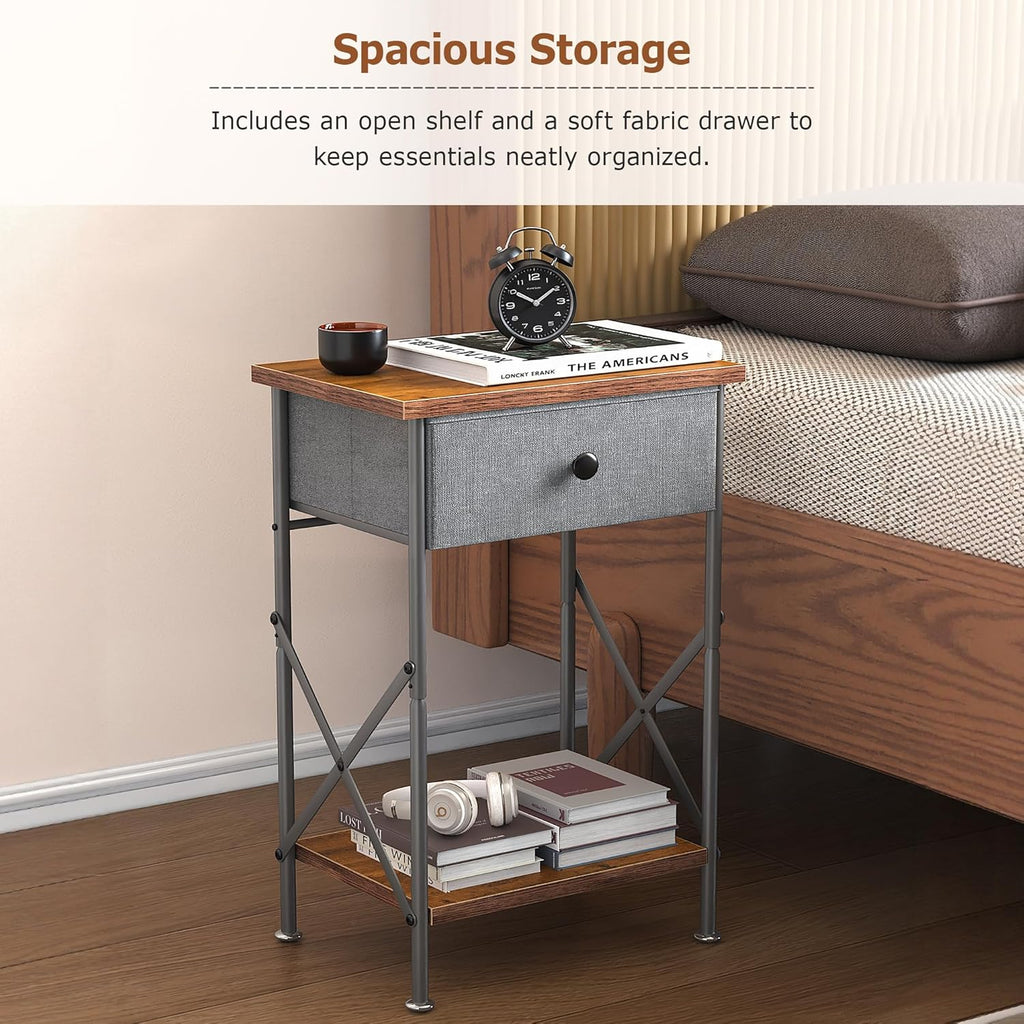 VECELO Night Stand Set of 2, Nightstand for Apartment, Dorm End Table for Small Spaces, Wood Side Table for Living Room, Bedside Table with Drawer for Bedroom, Easy Assembly, Rustic Brown